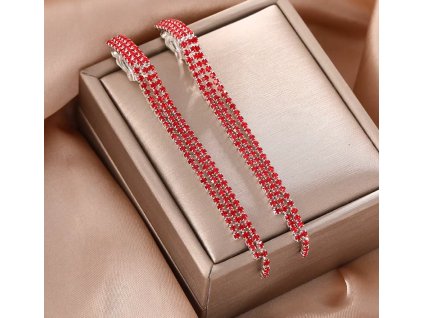 Elegantní dlouhé klipsové náušnice s krystaly – stříbrné, červené krystaly