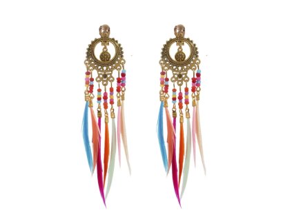 Boho klipsové náušnice se střapci, barevnými pírky a korálky – zlaté / stříbrné