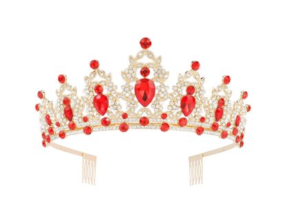 Elegantní zlatá tiára s červenými krystaly