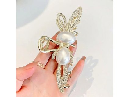 Jemná vlasová spona s perlovým králíkem a mašlí