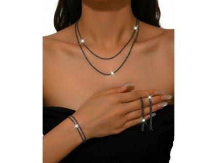 Černá dvouřadá souprava šperků s krystaly – náhrdelník, náramek a náušnice