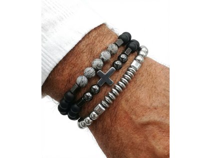 Pánský náramek set 3 ks s křížem – přírodní kameny a ocelové prvky