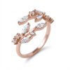 Stříbrný prsten s listy a zirkony v rose gold tónu – stříbro 925