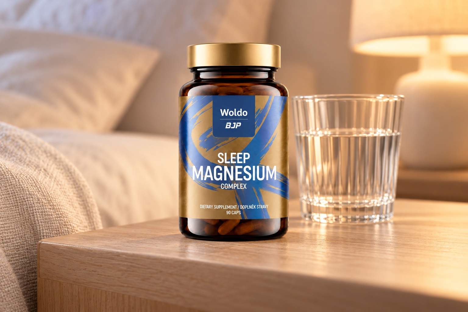 BJP Sleep Magnesium na nočním stolku vedle sklenice vody v jemném večerním světle