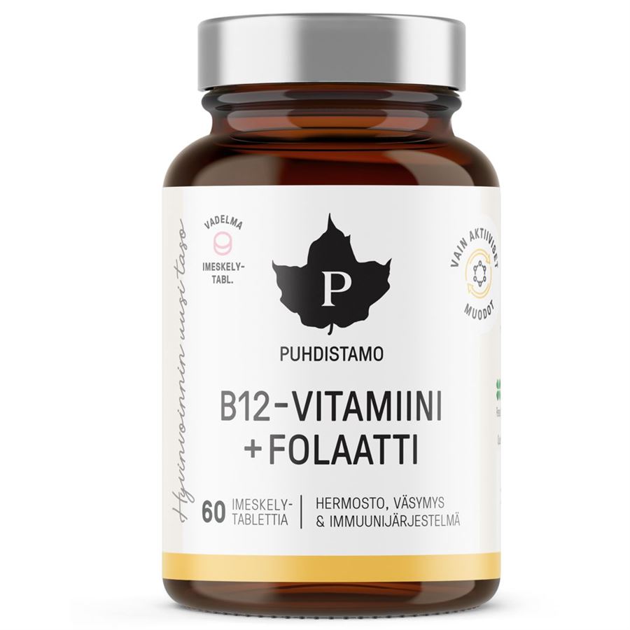 Puhdistamo Vitamin B12 Folate 60 pastilek malina (Vitamín B12 s folátem Quatrefolic®)
