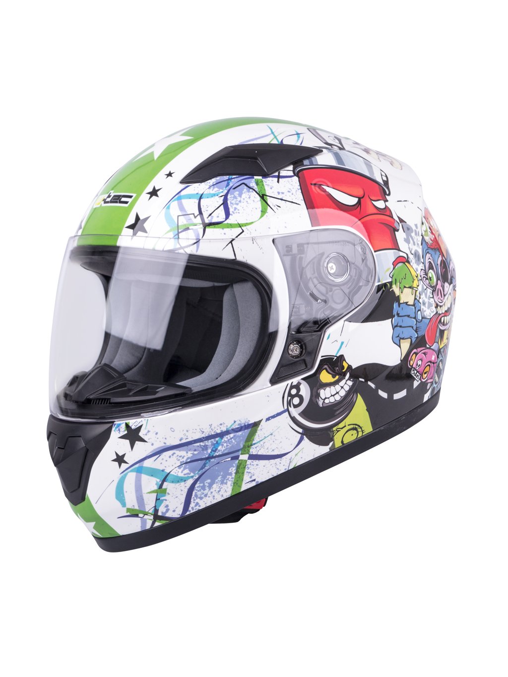 Dětská integrální přilba W-TEC FS-815G Tagger Green (Barva bílo-zelená s grafikou, Velikost S (47-48))