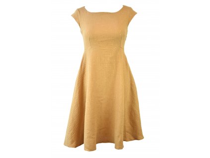 Půlkolové šaty VÍLA se zvýšeným pasem - světle hnědé a zlaté tečky