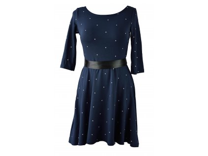 Půlkolové šaty 3/4 rukáv - tmavě modré s puntíky
