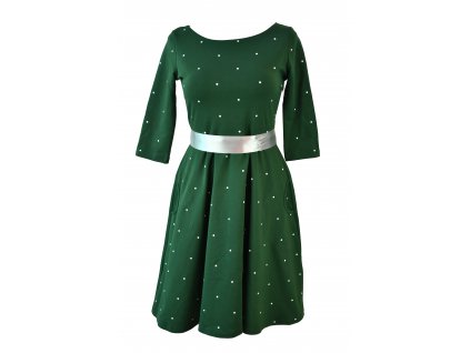 Půlkolové šaty 3/4 rukáv - zelené s puntíky