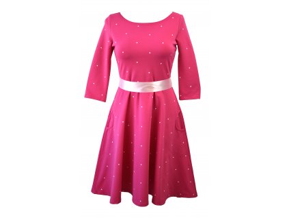 Půlkolové šaty 3/4 rukáv - sytě růžové a puntík