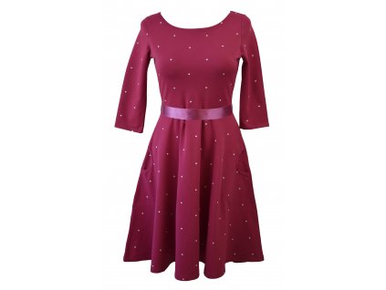 Půlkolové šaty 3/4 rukáv - purpurové a puntík