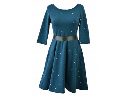 Půlkolové šaty 3/4 rukáv - středně modré a puntík
