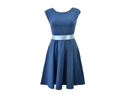 Půlkolové šaty - mořská modrá s puntíky