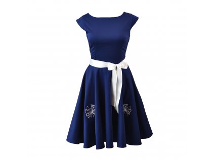 Kolové šaty - tmavě modré s pampeliškami