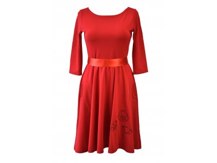 Půlkolové šaty 3/4 rukáv - červené s máky