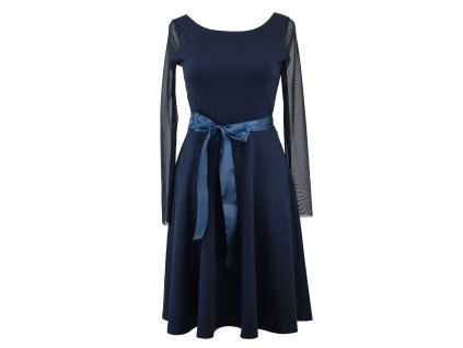 Půlkolové šaty s tylovými rukávy - modré