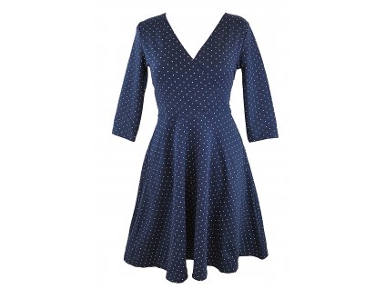 Půlkolové šaty s křížením - 3/4 rukávy - modré puntíkaté