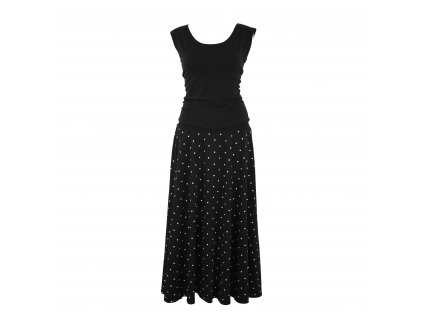 Maxi půlkolové šaty - černé s puntíky na sukni
