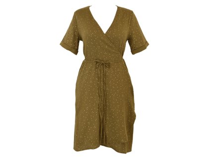 Zavinovací mušelínové šaty - khaki a zlaté tečky