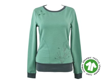 Mikina - tyrkys - ptáčci na větvičce GOTS