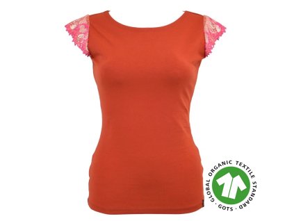 Tričko s krajkovými rukávky - cihlové a růžová krajka - GOTS