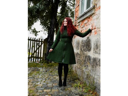 Vlněný kabát - půlkolový - tmavě zelený