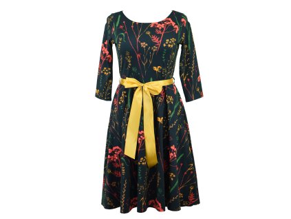 Půlkolové šaty 3/4 rukáv - herbář - kratší délka