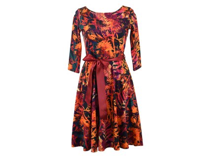 Půlkolové šaty 3/4 rukáv - podzimní kapradí