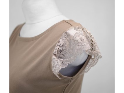 Tričko s krajkovými rukávky - béžové s krémovou krajkou II.JAKOST