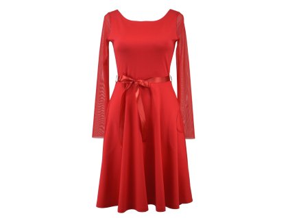 Půlkolové šaty s tylovými rukávy - červené