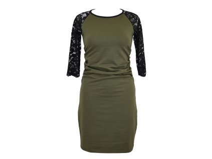 Šaty řasené s krajkovými rukávy - khaki