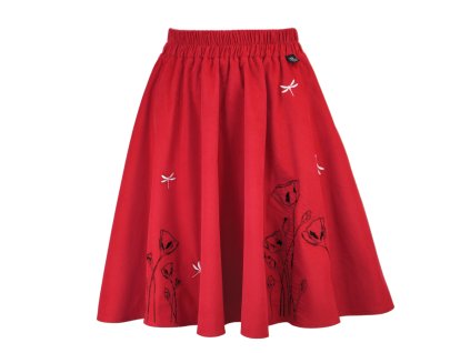 Půlkolová sukně - manšestrová - červená a máky
