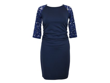 Šaty řasené s krajkovými rukávy - tmavě modré A