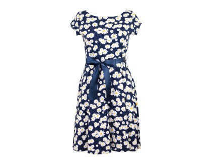 Půlkolové šaty - kopretiny na modré