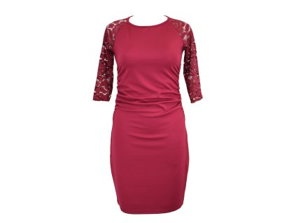 Šaty řasené s krajkovými rukávy - malinové - A