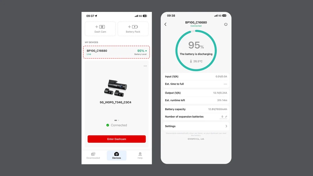 Battery Level in the VIOFO Dashcam App