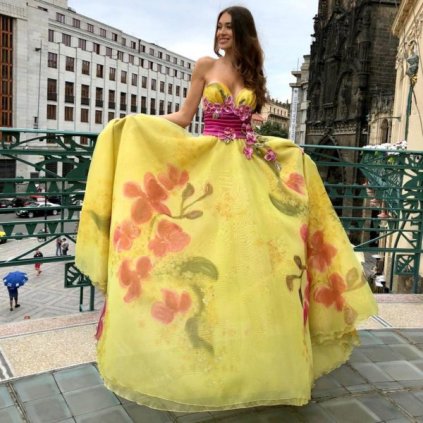 Couture dress yellow orchid with appliqué