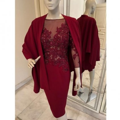 Couture burgundy embroidered cocktail dress with plaid