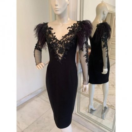 Black cocktail dress with feathers