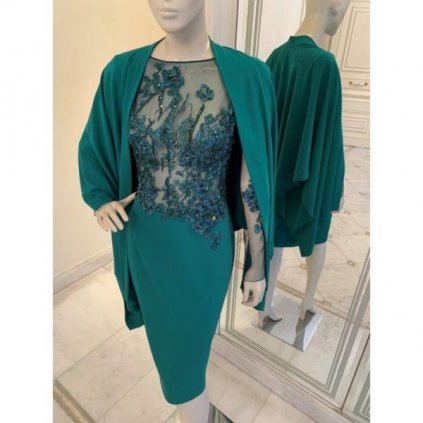 Couture emerald embroidered cocktail dress with plaid