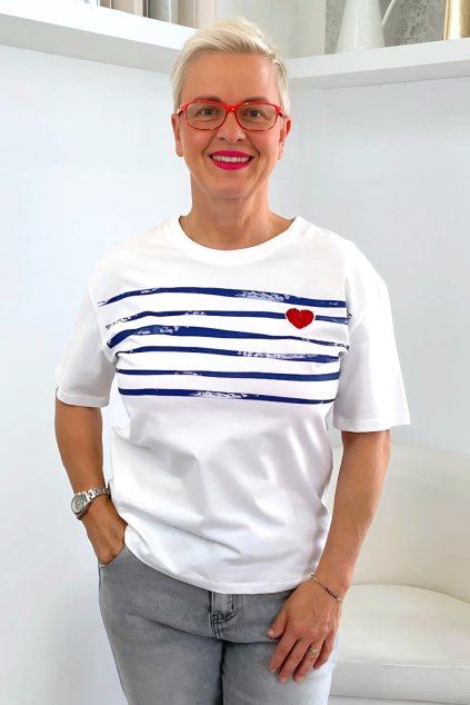 Bílé tričko s proužky a srdíčkem BLANKA STRAKA