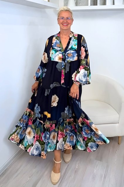 Tmavě modré letní šaty s květy ve stylu boho BLANKA STRAKA