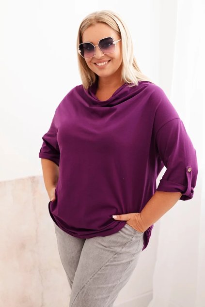 Bluzka damska Plus Size z bawełną o luźnym kroju z dekoltem wodnym ciemno fioletowa (Velikost Plus Size)