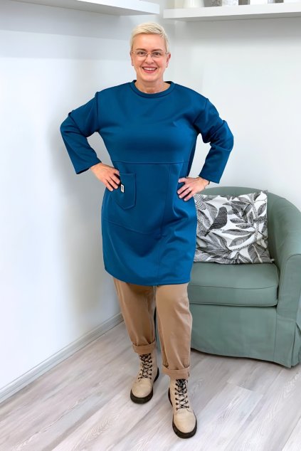 Dámské šaty Plus Size s kapsou a 3 4 rukávy petrolejové BLANKA STRAKA 3