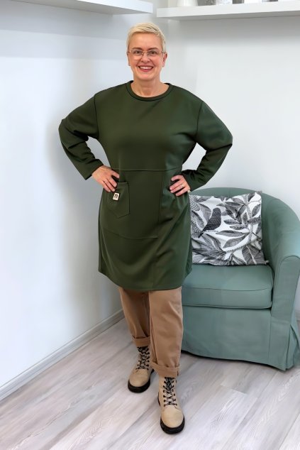 Dámské šaty Plus Size s kapsou a 3 4 rukávy khaki BLANKA STRAKA 01