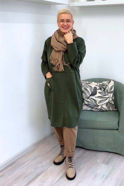 Dámské šaty Plus Size s kapsou a 3 4 rukávy khaki BLANKA STRAKA