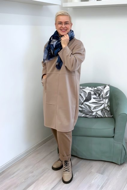 Dámské šaty Plus Size s kapsou a 3 4 rukávy béžové BLANKA STRAKA 01