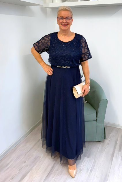 Dlouhé společenské šaty s krajkou a šifonem modré BLANKA STRAKA 03