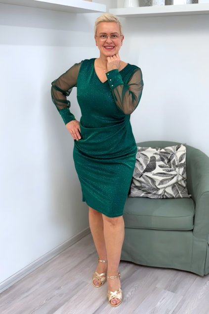 Zelené třpytivé šaty s průhlednými rukávy BLANKA STRAKA