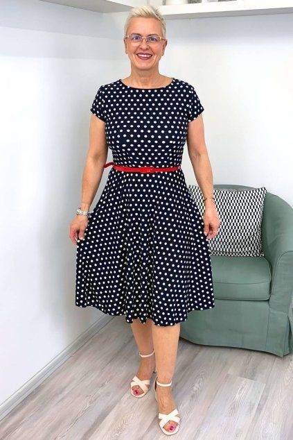 Tmavě modré šaty s bílými puntíky Iris